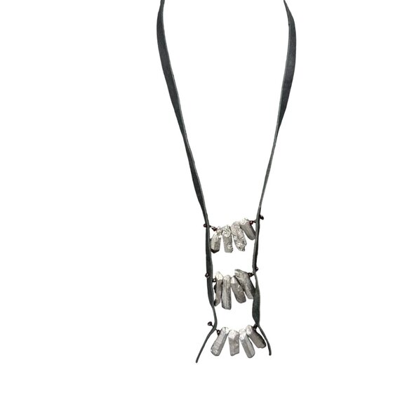 Silver Natural Crystal Black Leather Long Statement Necklace Boho Bohemian - Picture 2 of 8